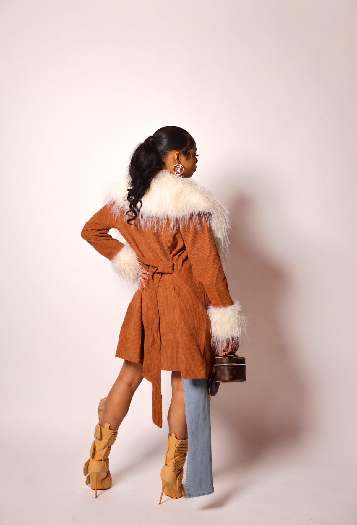 India Fur Trim Corduroy Long Jacket