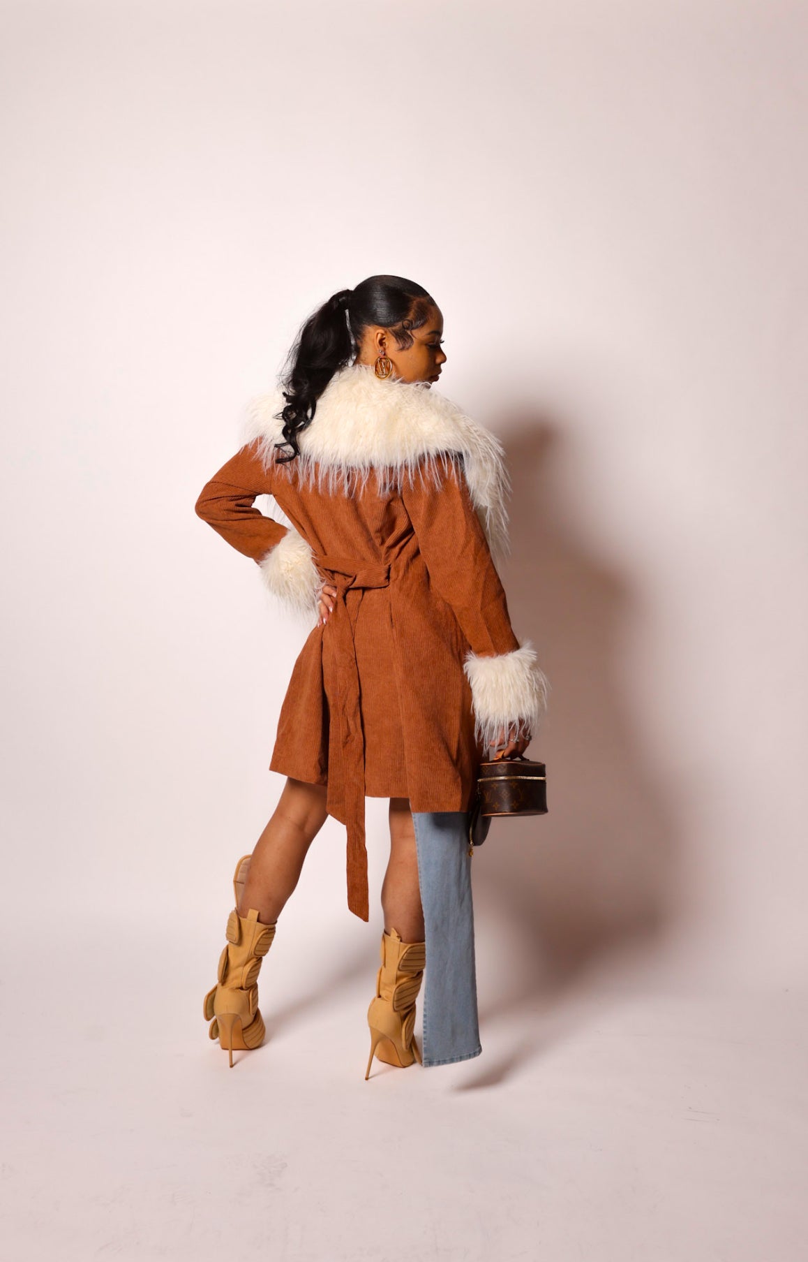 India Fur Trim Corduroy Long Jacket