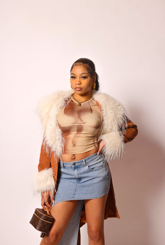 India Fur Trim Corduroy Long Jacket